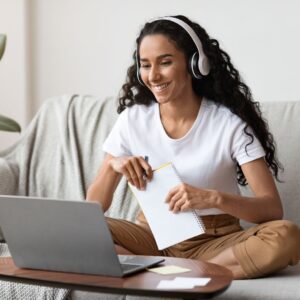 woman taking online course