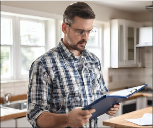Man performing a home inspection while holding a clipboard and inspecting a residential property.