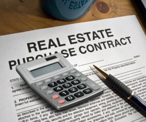 Real estate contract with calculator used for real estate license exam math practice
