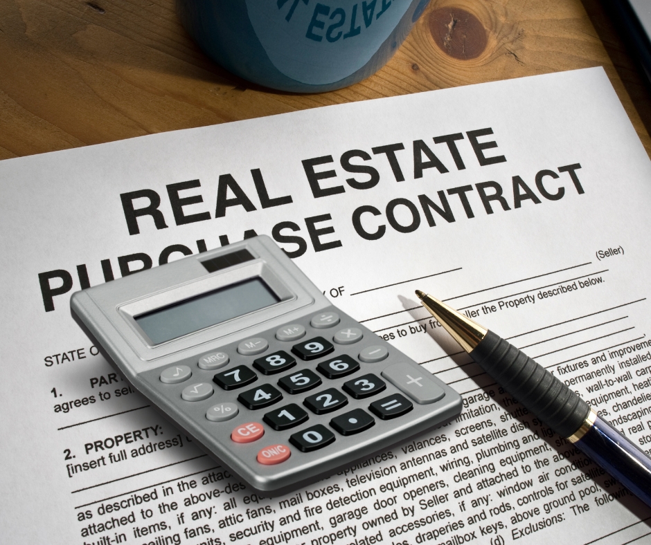 Real estate contract with calculator used for real estate license exam math practice