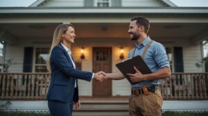 Texas Real estate agent and home inspector working together, shaking hands outside a Texas home