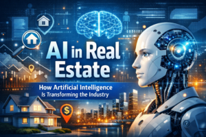 AI in real estate concept showing a digital human-like robot facing a residential home and city skyline, symbolizing artificial intelligence transforming the real estate industry.