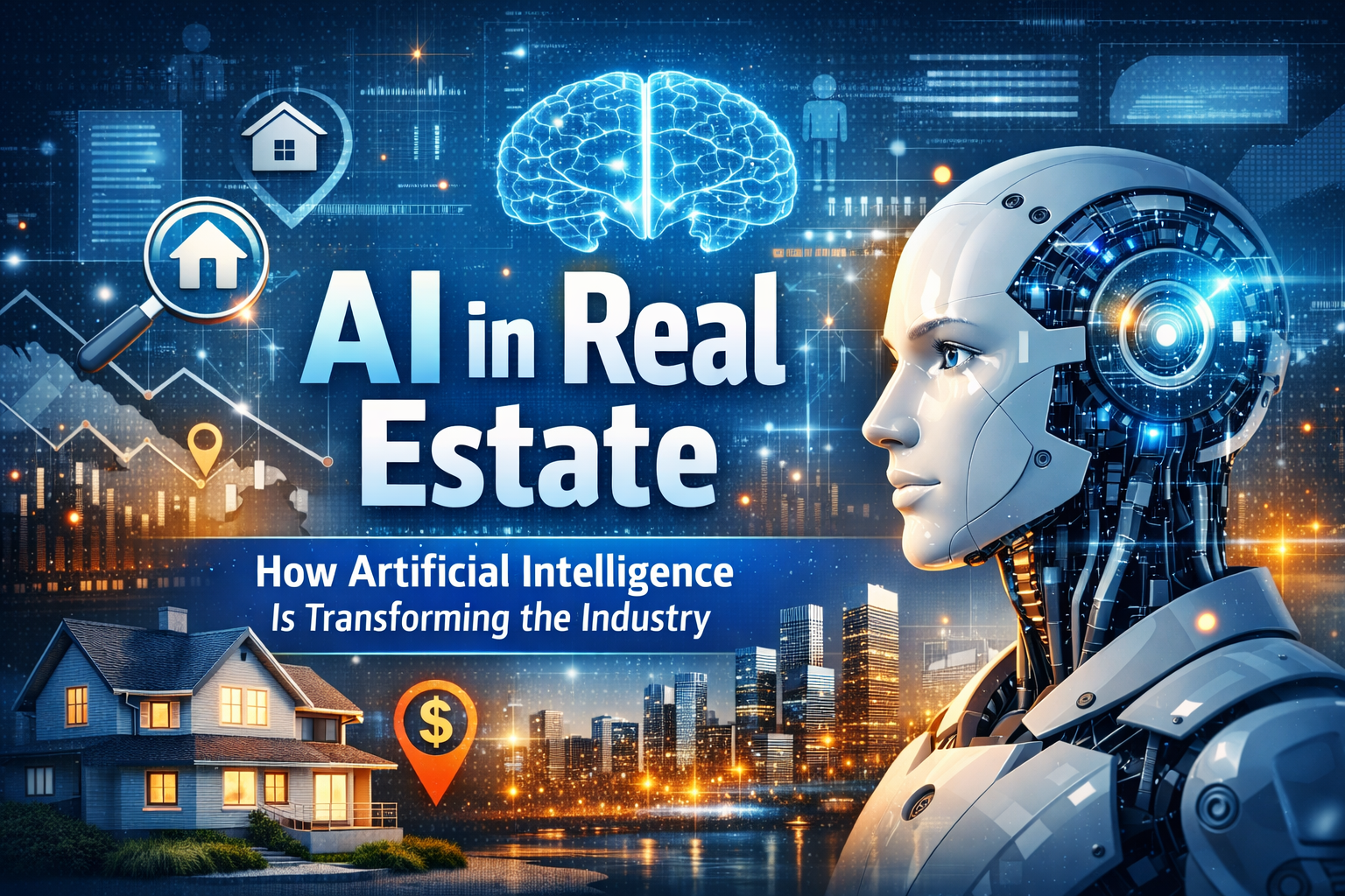 AI in real estate concept showing a digital human-like robot facing a residential home and city skyline, symbolizing artificial intelligence transforming the real estate industry.