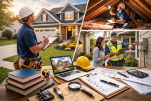 Professional Texas home inspector reviewing a house exterior with tools and inspection documents at sunset