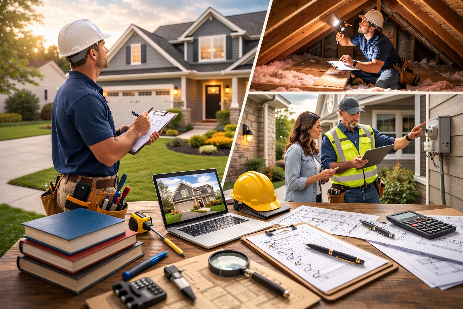 Professional Texas home inspector reviewing a house exterior with tools and inspection documents at sunset