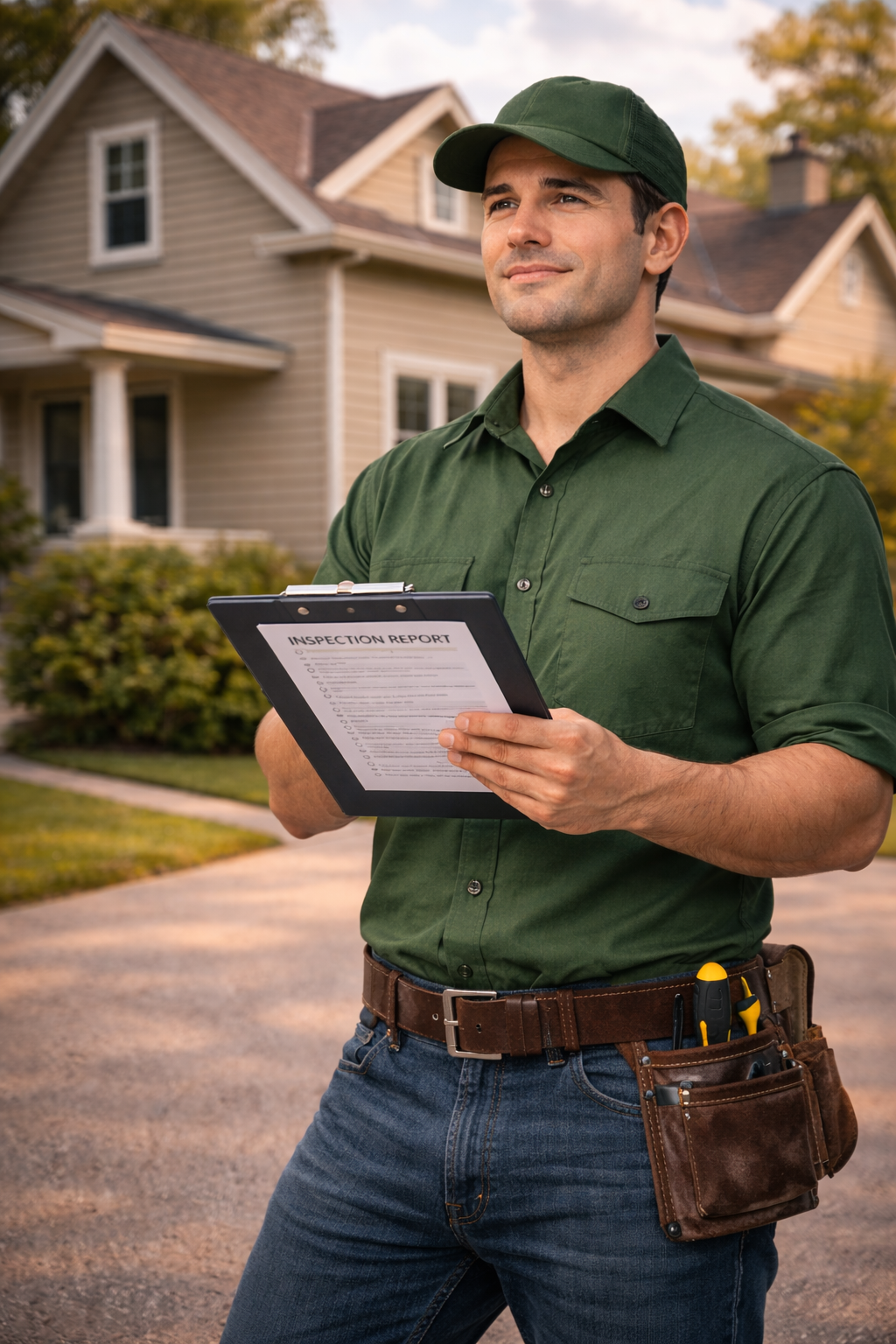 Masculine Texas home inspector in work attire holding a clipboard and inspection report outside a residential home.
